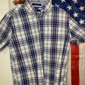 Men's Small Tommy Hilfiger Casual Short Sleeve Button-Down Shirt Stripes B/W/G